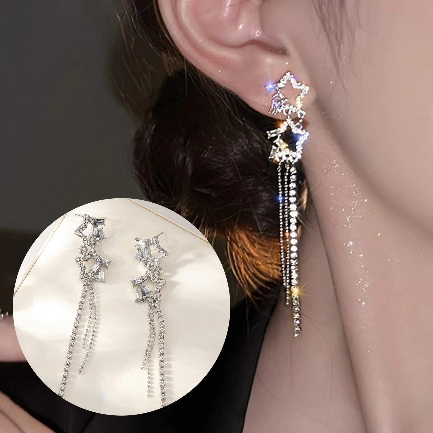 

2024 New Silver Colour Star Long Tassel Earrings Personality Fashion Shiny Earrings For Woman Wedding Jewelry Birthday Gifts