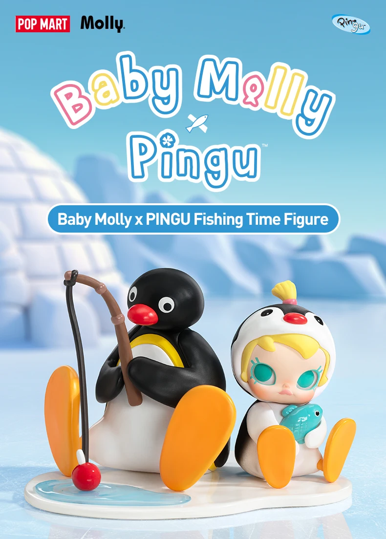 Original Pop Mart figure of Baby Molly and PINGU sitting together ice fishing – collectible toy with playful winter scene