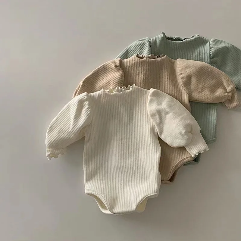 

2023 Autumn New Baby Girls Bubble Sleeve Ruffle Collar Bodysuit Solid Infant Cotton Ribbed Jumpsuit Newborn Toddler Girl Clothes