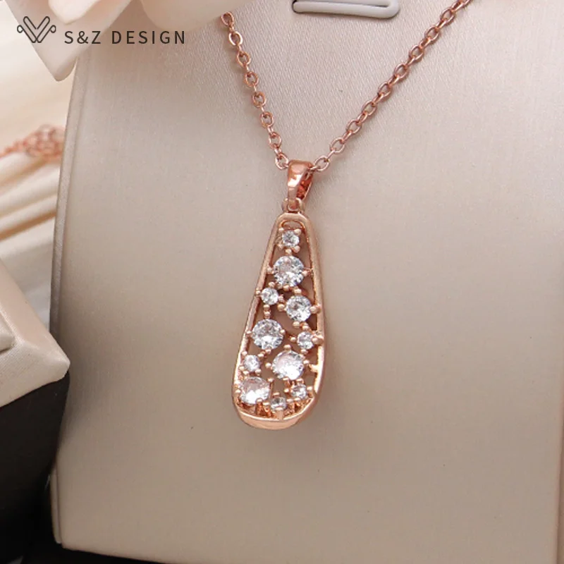 S&Z DESIGN New Fashion Hollow Bent Leaf Cubic Zirconia Pendant Necklace For Women 585 Rose Gold Color Jewelry Daily Accessories