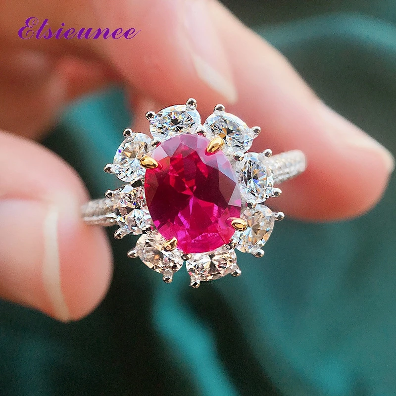 

ELSIEUNEE Vintage 100% 925 Sterling Silver Oval Cut Ruby High Carbon Diamond Wedding Engagement Ring Fashion Girls Fine Jewelry