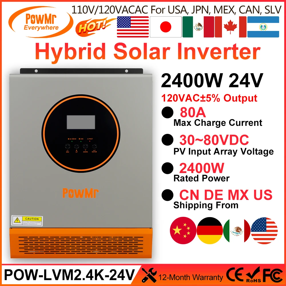 PowMr 2400W Hybrid Solar Inverter 24V to 110V 120V Pure Sine Wave With PWM 80A Solar Charge Controller and PV Panel 30-80VDC 1