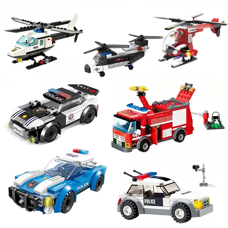 DIY Baustein-Spielzeugset Polizeiauto Feuerwehrauto Feuerwehrhubschrauber Lehrreiches Patrouillenfahrzeug Montage-Puzzle Weihnachts- und Geburtstagsgeschenk
