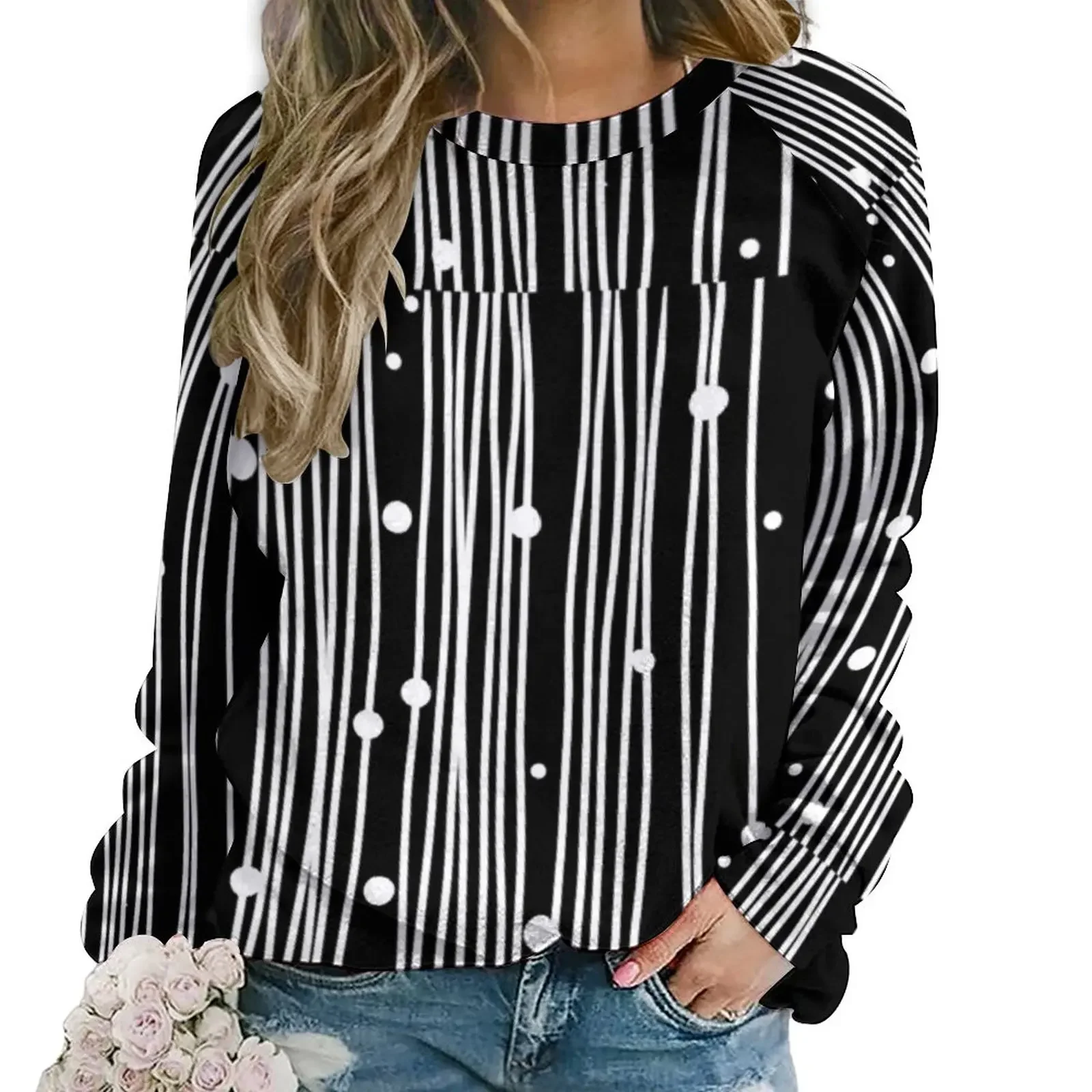 

Polka Dots And Stripes Casual Hoodies White Line Print Elegant Hoodie Women Long Sleeve Oversized Hip Hop Custom Sweatshirts