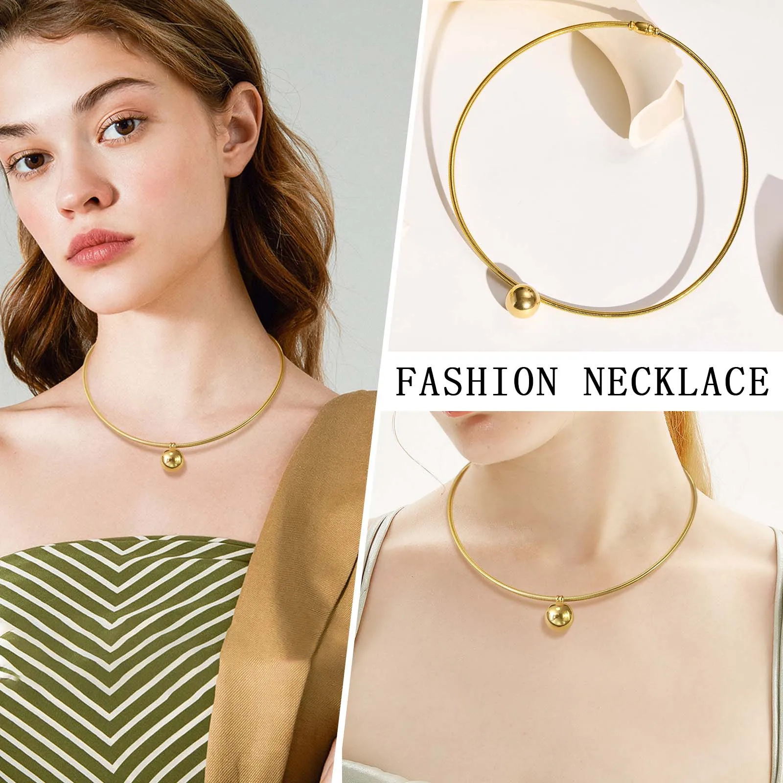 Simple Stainless Steel Torques Choker Necklace for Women Gold Plated Ball Collar Fashion Statement Jewelry women jewelry metal choker necklace