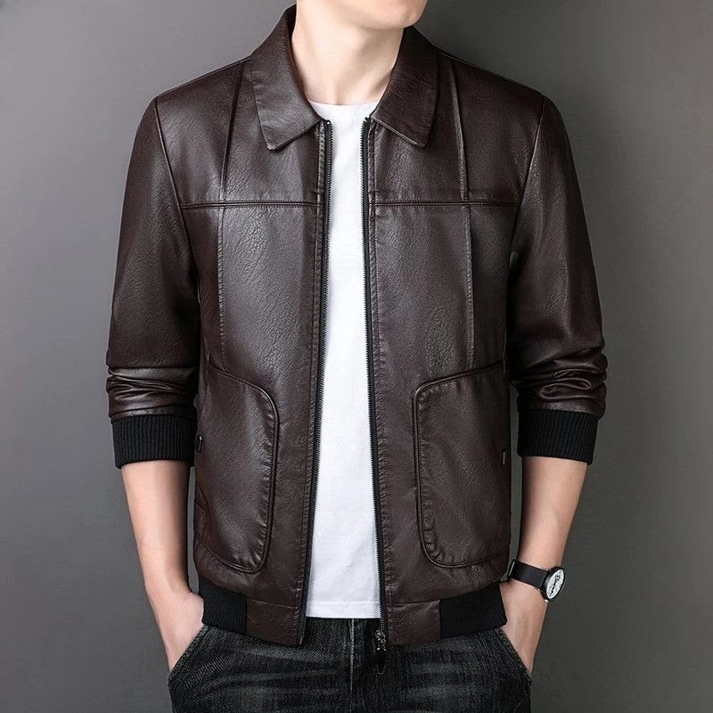 Men Leather Jacket Spring Autumn Thin Casual Solid Color Men Jacket Winter Fleece Lined Fashion Large Size PU Leather Jacket