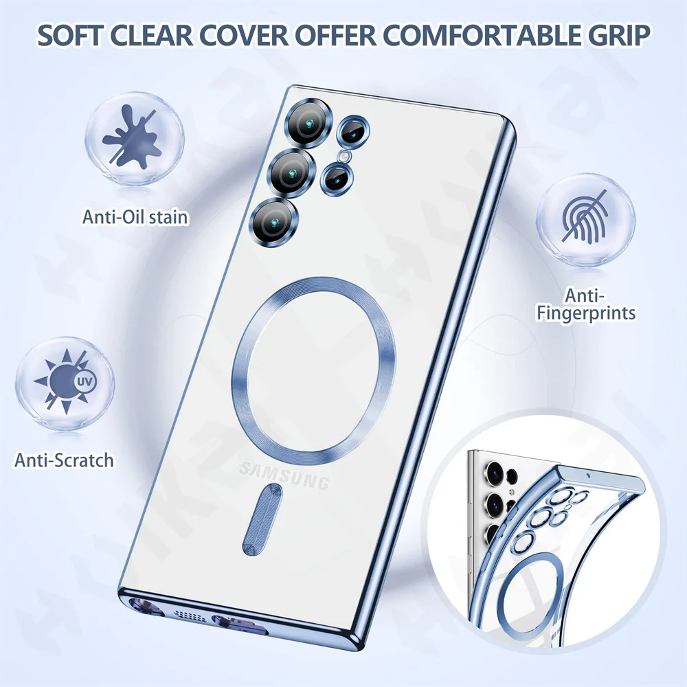 Magsafe capa para samsung s24 s23 s22 s21 ultra plus note 20 10, silicone transparente, câmera completa, cristal magnético, capa para carro_voghion.com