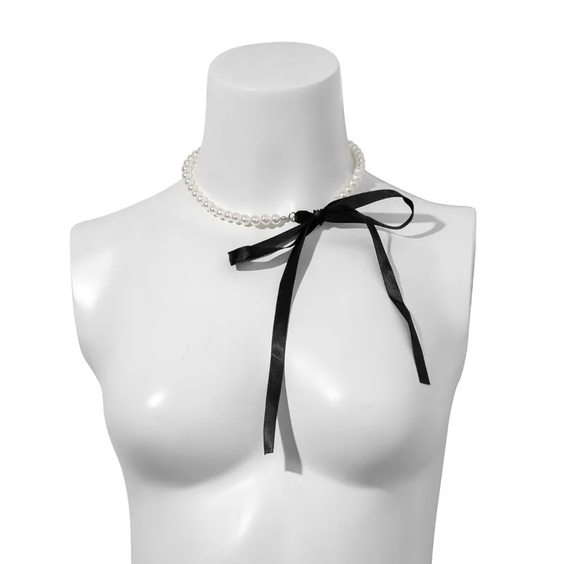 Black Ribbon Choker Charm Necklaces  Simulated Pearl Bow Tie Choker -  Elegant Black - Aliexpress