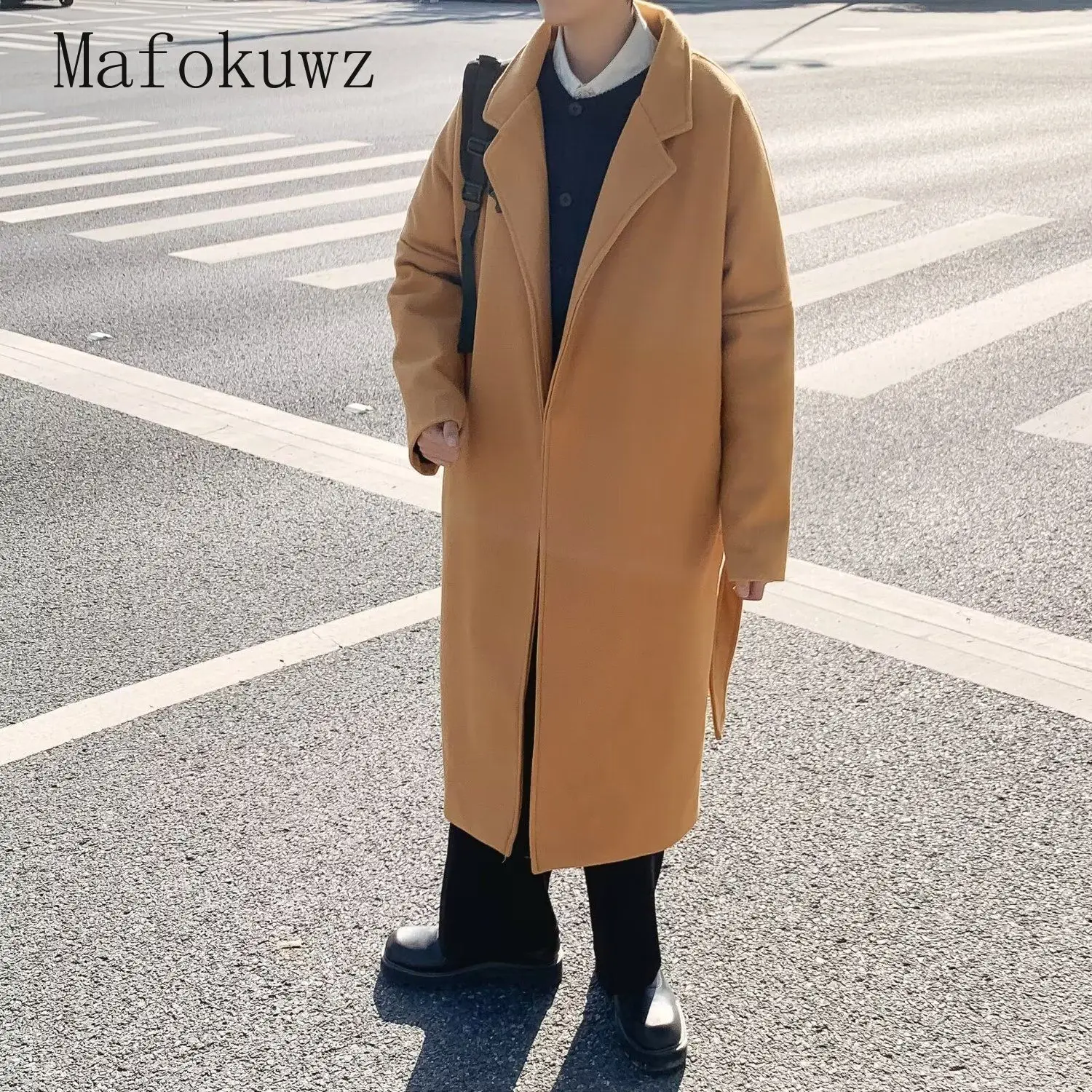 Spring Autumn Mid-length Woolen Overcoat Men's Solid Casual Loose High Street Personality Windbreaker Jackets Male Clothes