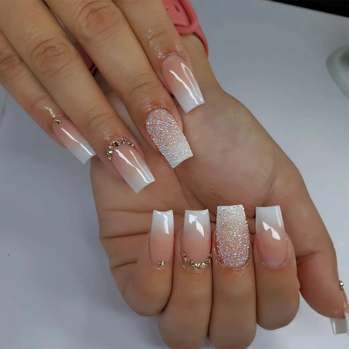 24Pcs White Long Coffin False Nails Glitter Ballet Wearable with French  Design Fake nails Full Press on Nail Ins Nail Tips Art - AliExpress