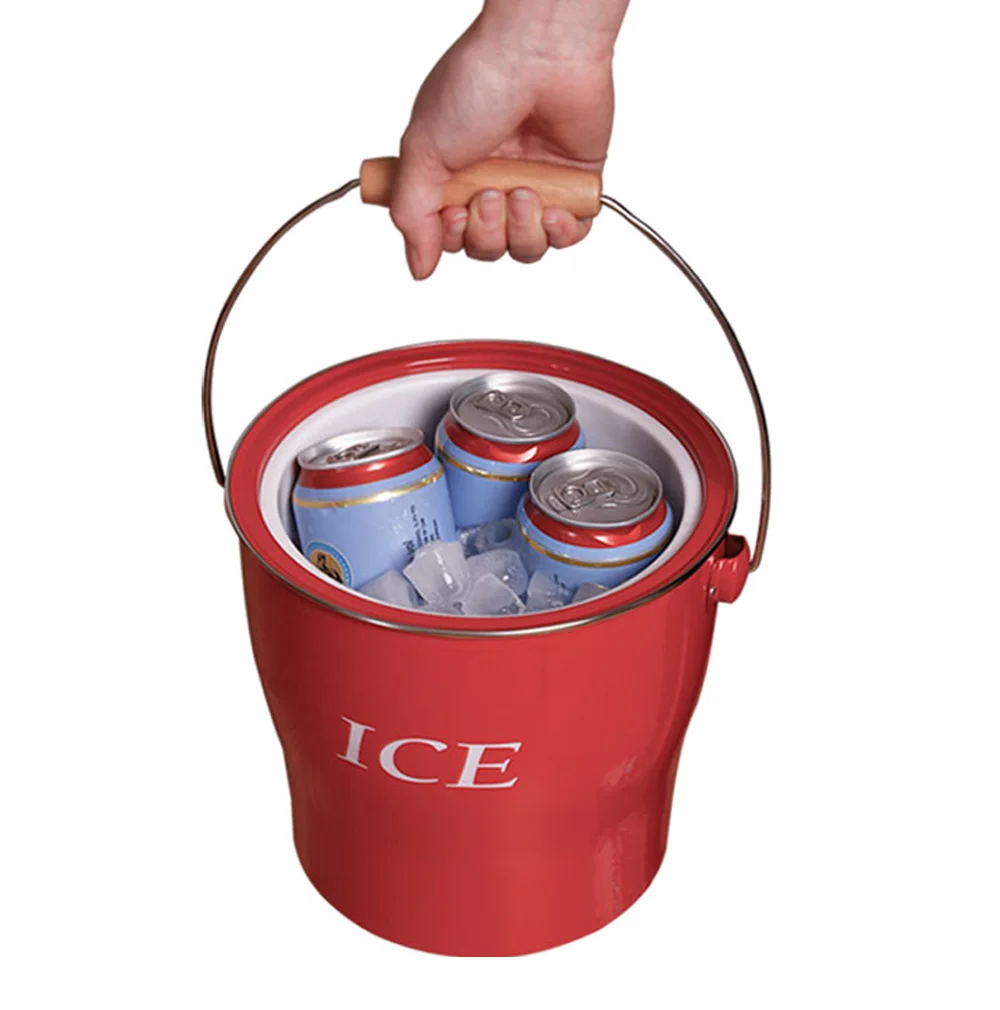 Red Powder Coated Zinc Wine Drinks Cooler Ice Bucket with Scoop and Lid