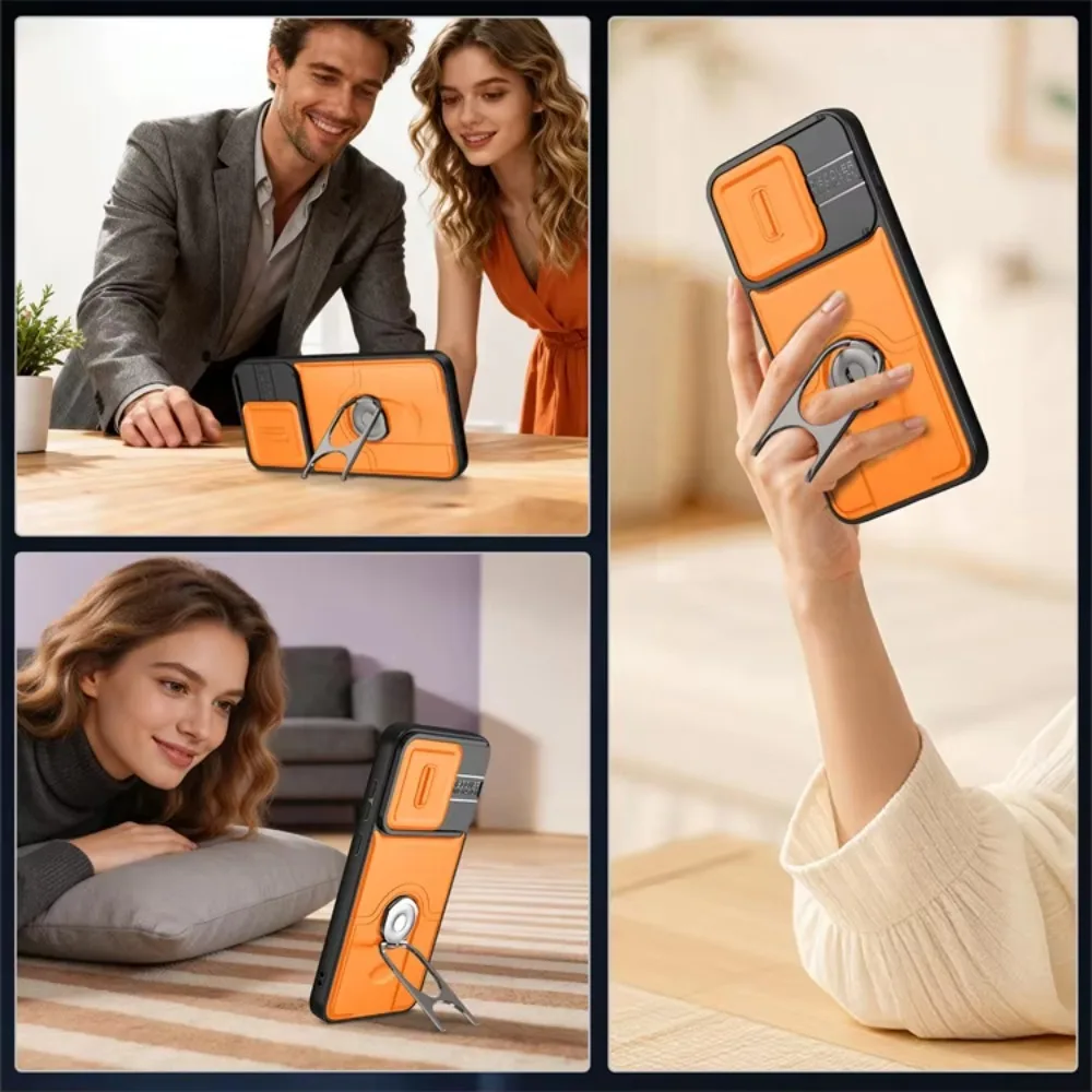 Rugged Magnetic Finger Ring Bracket Case with Slide Camera Lens Protection