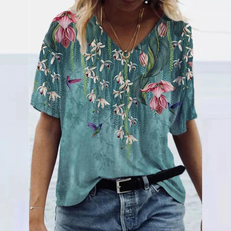 Summer 3D Floral Print T-shirts Women Fashion Short Sleeve Loose Tops Casual V-neck High Street Tee Plus Size Top Streetwear |