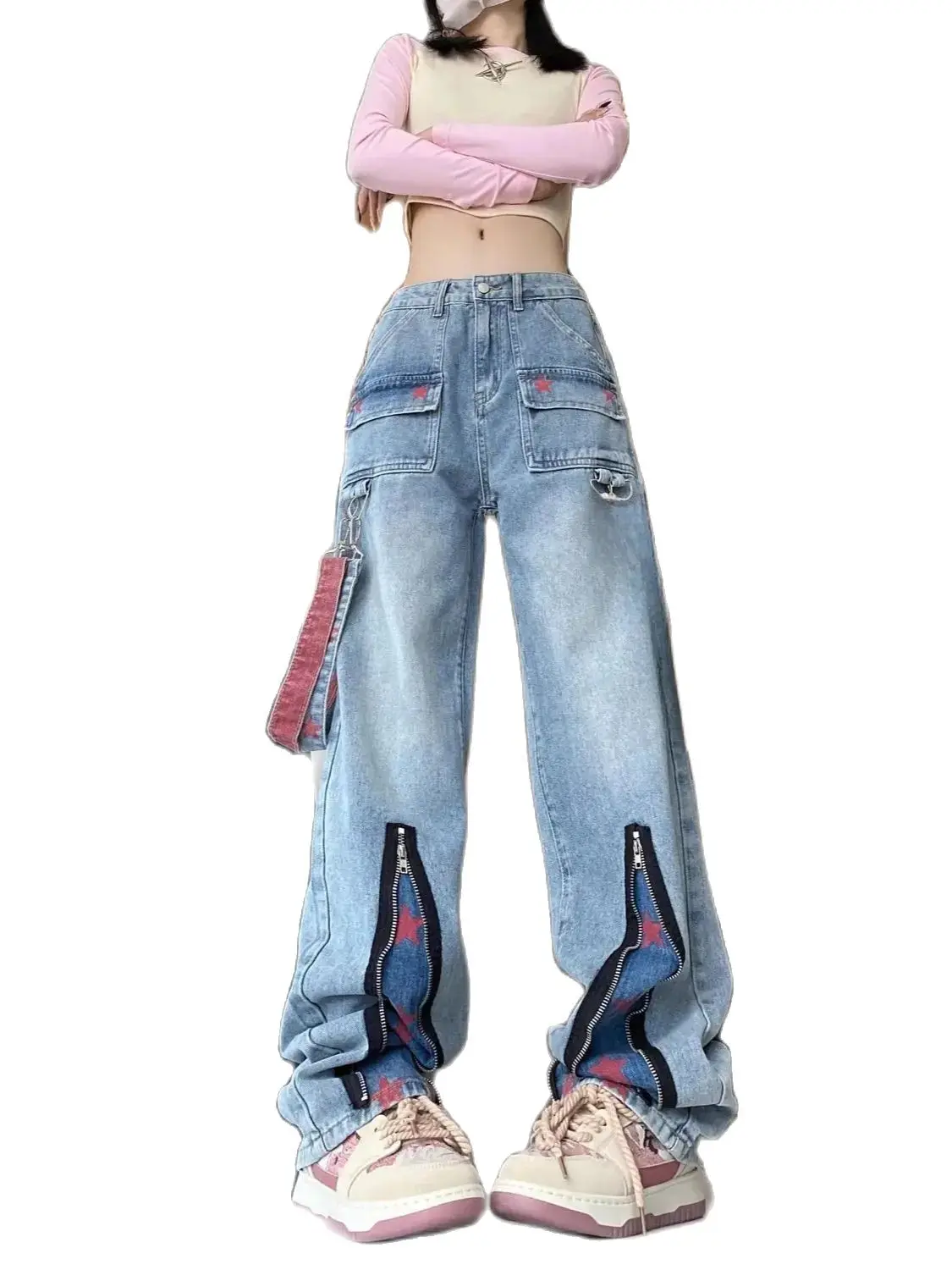 Overalls Jeans Multiple Zipper Print Pattern Design Vintage Street Y2k Women Casual Female High Waist Straight Pants