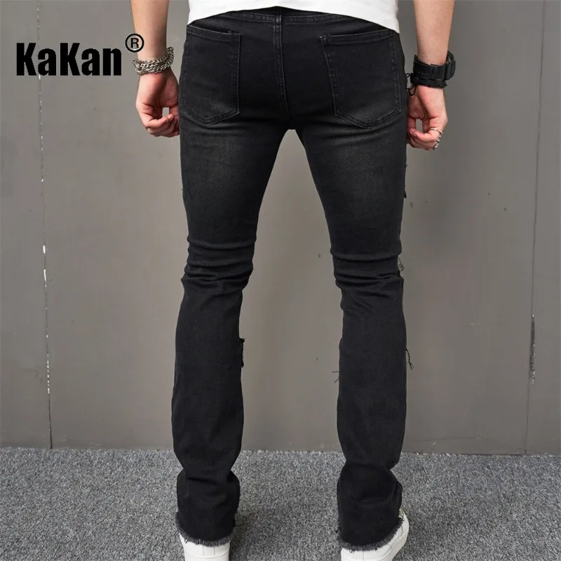 Kakan - European and American High Street New Straight Leg Jeans, Trendy Patch Slim Fit Elastic Men's Black Jeans K9-1023