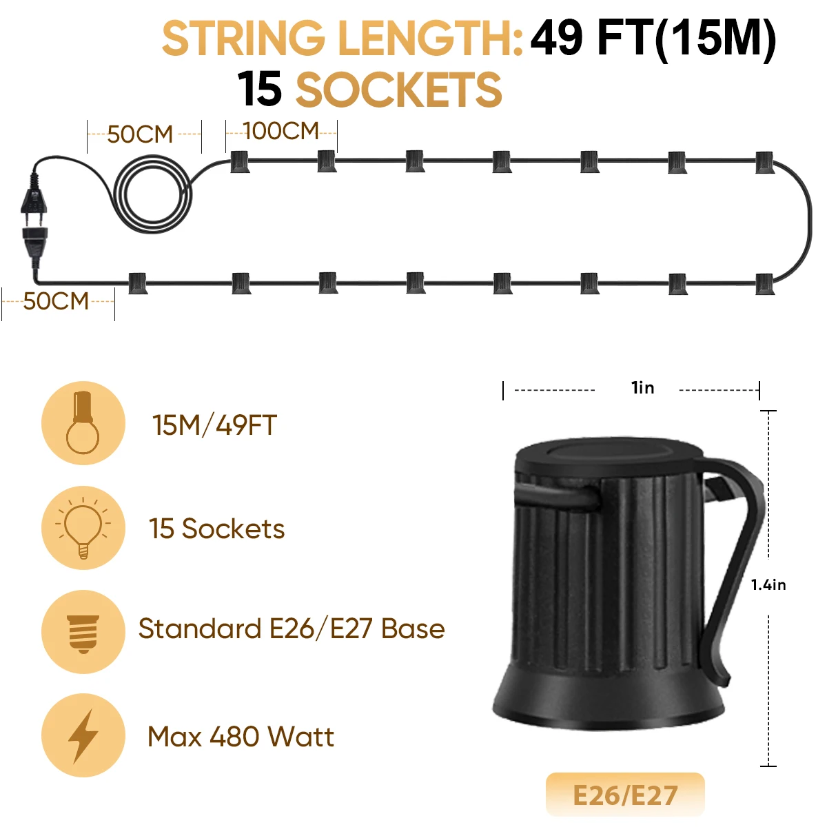 Outdoor Patio String Light Cable with E27 Sockets and EU Plug - Perfect