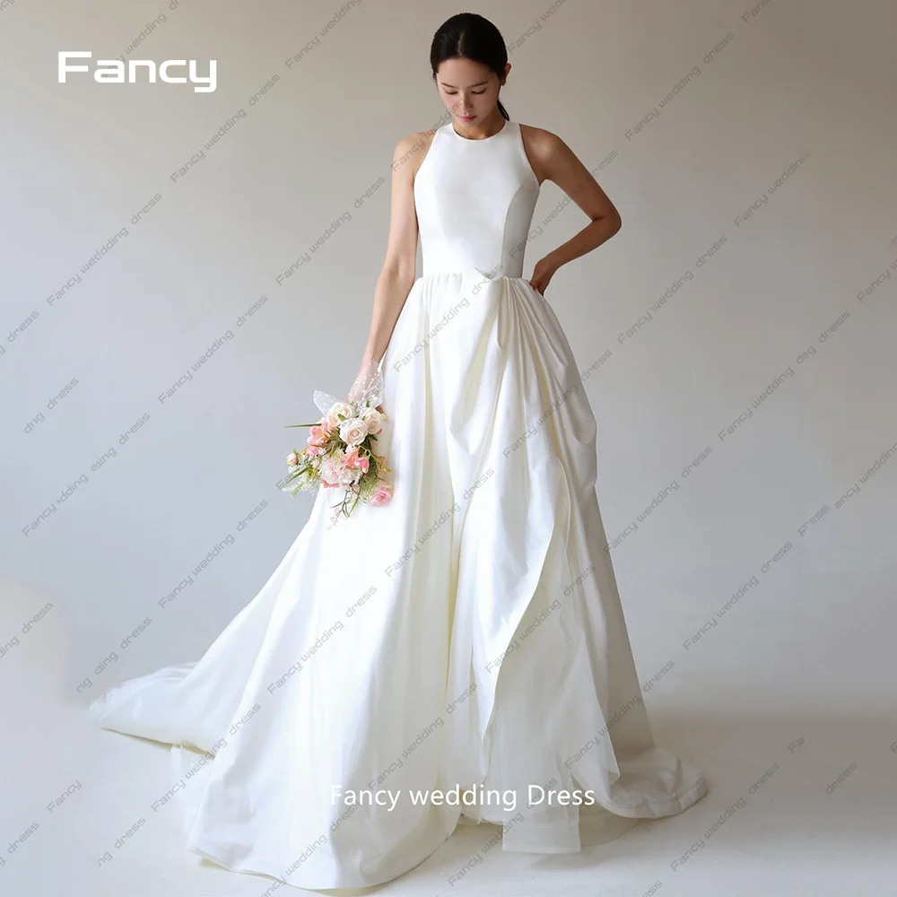 

Fancy Simple O Neck Wedding Dress A Line Korea Photoshoot Sleeveless A Line Floor Length Bridal Gown Custom Made