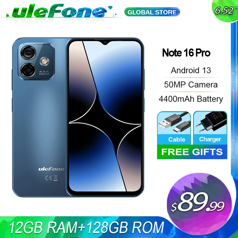 Ulefone-Smartphone Note 16 Pro, 12GB, 4GB + 8GB extendido, 128GB, 50MP,  6,52 mAh, Android 13, portátil, estreno mundial