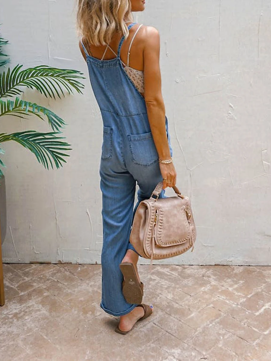 

Women’s Denim Long Jumpsuit Casual Spaghetti Strap Wide Leg Romper Pants Baggy Bib Overalls