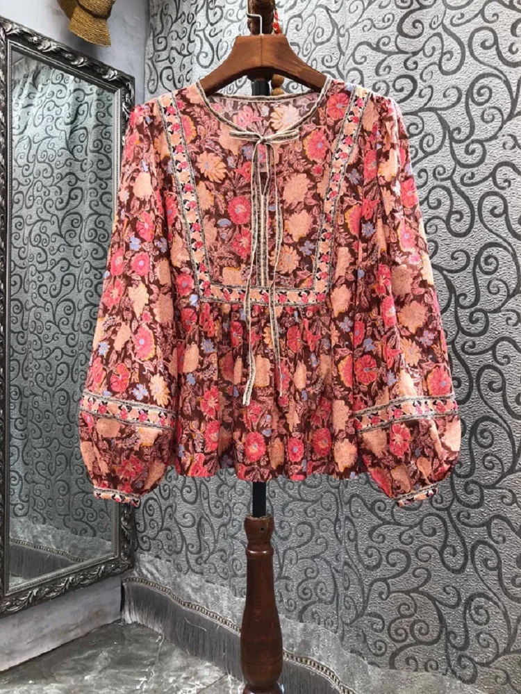 

100%Cotton Blouses 2023 Spring Summer Style Women Red Floral Prints Bow Deco Lantern Sleeve Casual Loose Vintage Tops Blusa