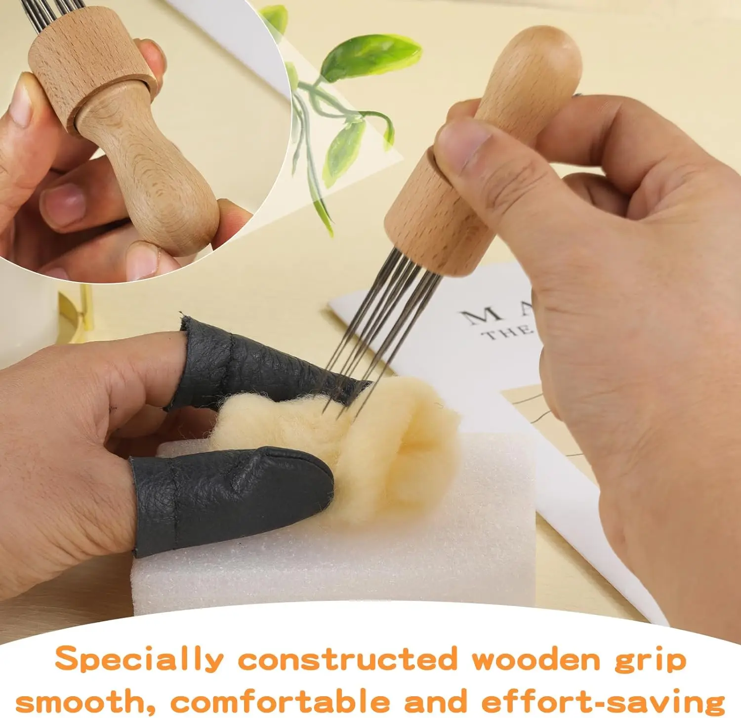 Felting Needle with Eight Tool Craft Wool Felt Stitch Punch with Solid Wood Handle Felting Eight Needles Tools Finger Cots