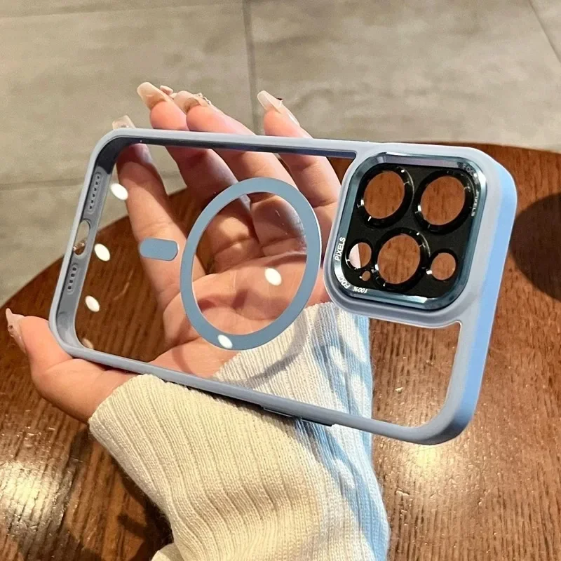 Luxury Magnetic Metal Lens Bumper Protection Case with Magsafe Acrylic Translucent Cover