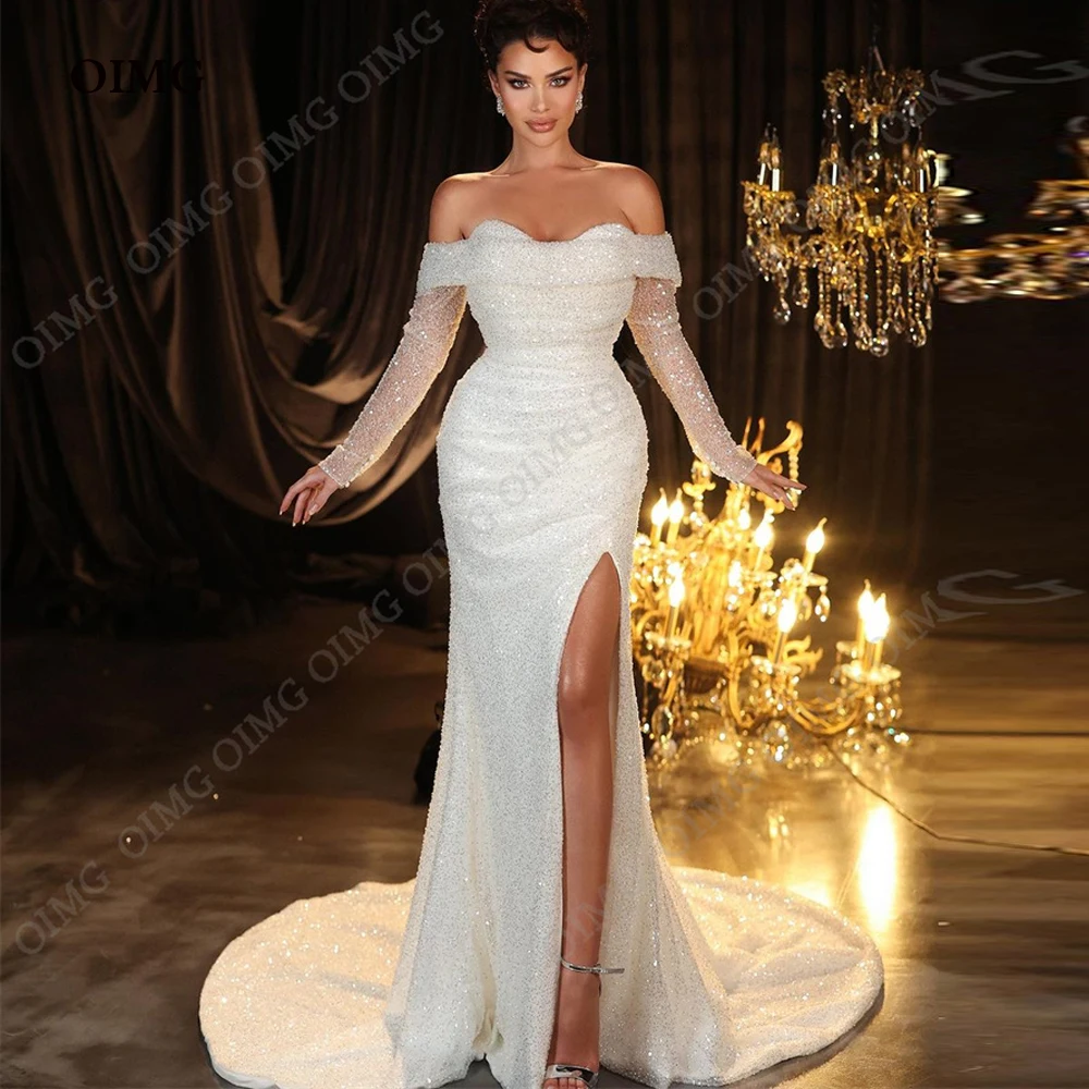 

OIMG Boho Mermaid Wedding Dresses For Bride Sequins Sweep Train Vestidos De Novia Side Slit Shiny Bridal Dresses Bridal Gown