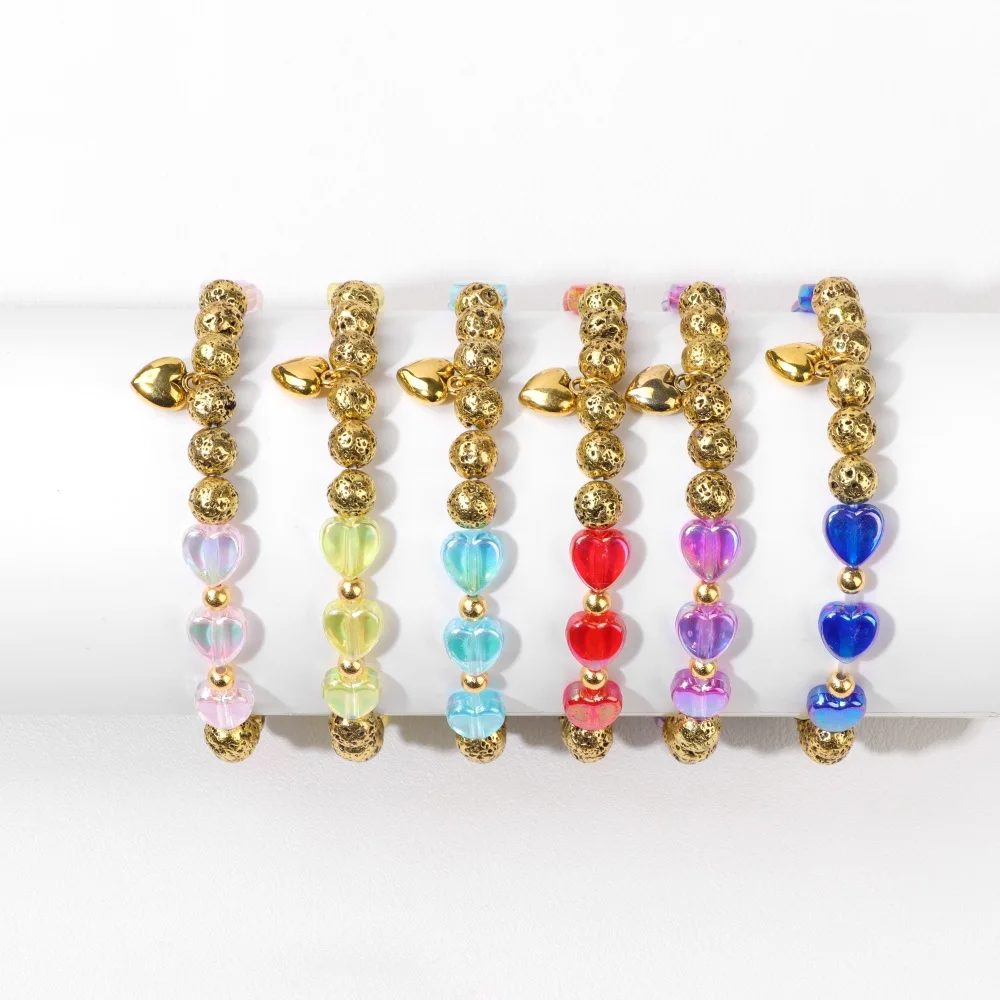 Gold Color Lava Beads Bracelet Heart Crystal Charm Bracelets For