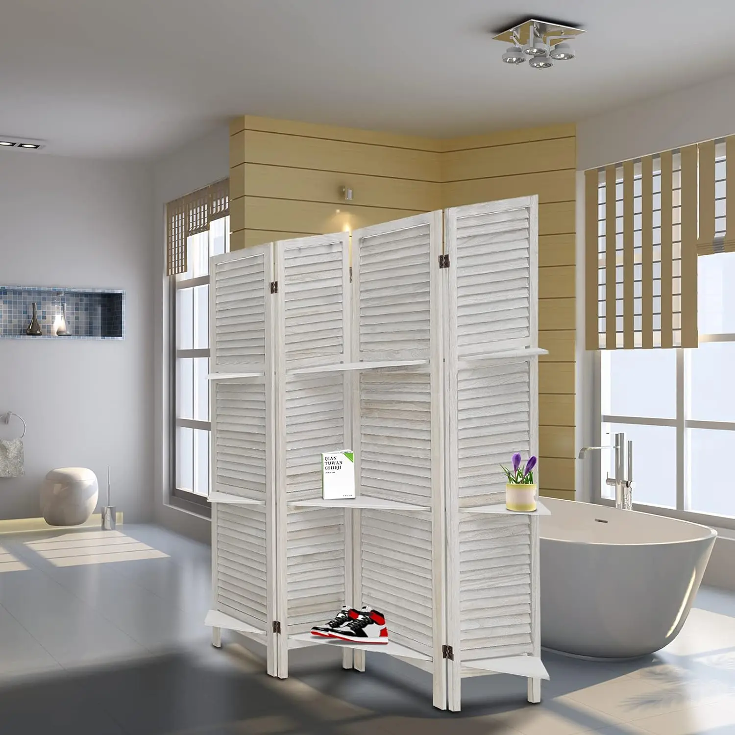 Room Divider 4 Panel, White with Shelves, Wall Dividers and Folding Privacy Screens, Portable Room partitions for Bedroom