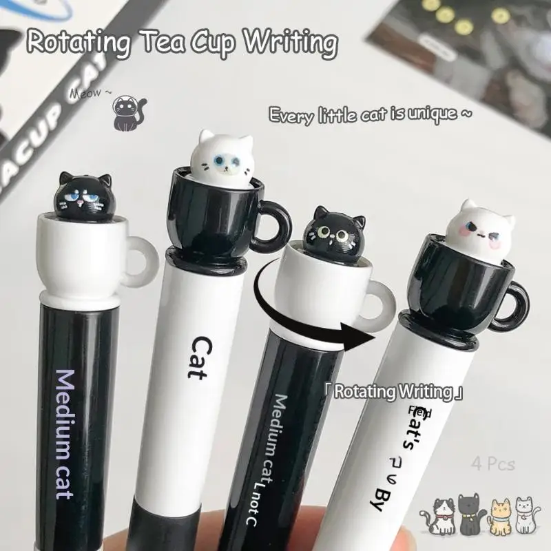 귀여운 찻잔 고양이 0.5mm 젤 펜 재미있는 동물 캐릭터 퀵 드라이 회전식 포켓 펜 (학교 및 사무실용)