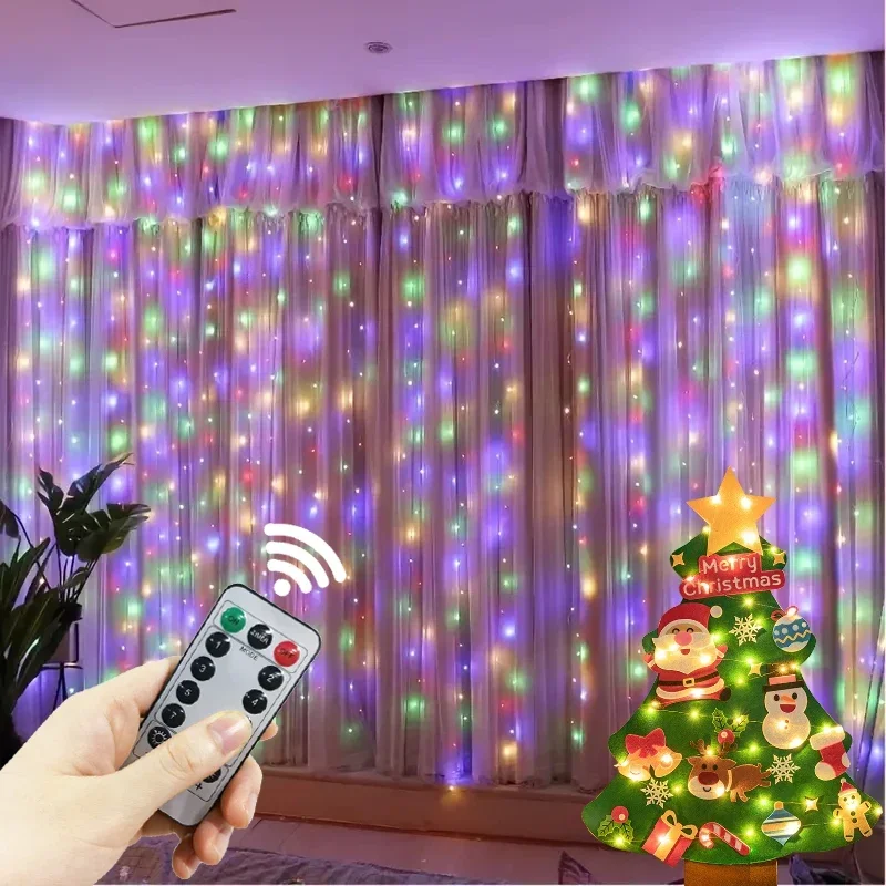 Decoraciones navideñas para el hogar, cortina de luces LED de feliz Navidad con control remoto de 8 modos, guirnalda de boda navideña para Año Nuevo