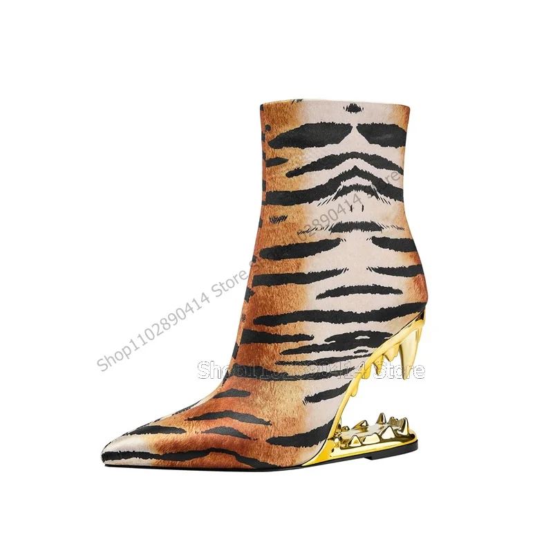 

Tiger Print Pointed Toe Strange Style Heels Boots Mid Calf Slip On Women Shoes Novel Fashion Offbeat 2023 Zapatos Para Mujere