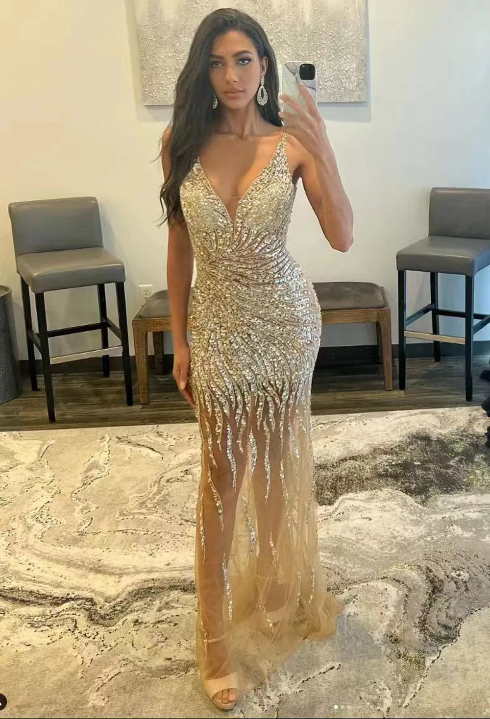 

Luxury V Neck Mermaid Evening Dresses Crystal Beading Sequined Spaghetti Straps Backless Long Formal Party Prom Gowns Vestidos