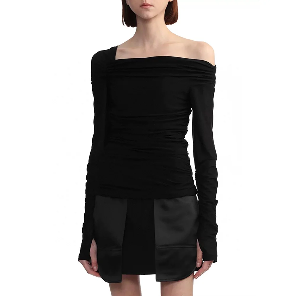

High quality! 2024 Design Pleated Decoration Slim Black One Shoulder Bottom Shirt Strapless Women Short Long Sleeve T-Shirt