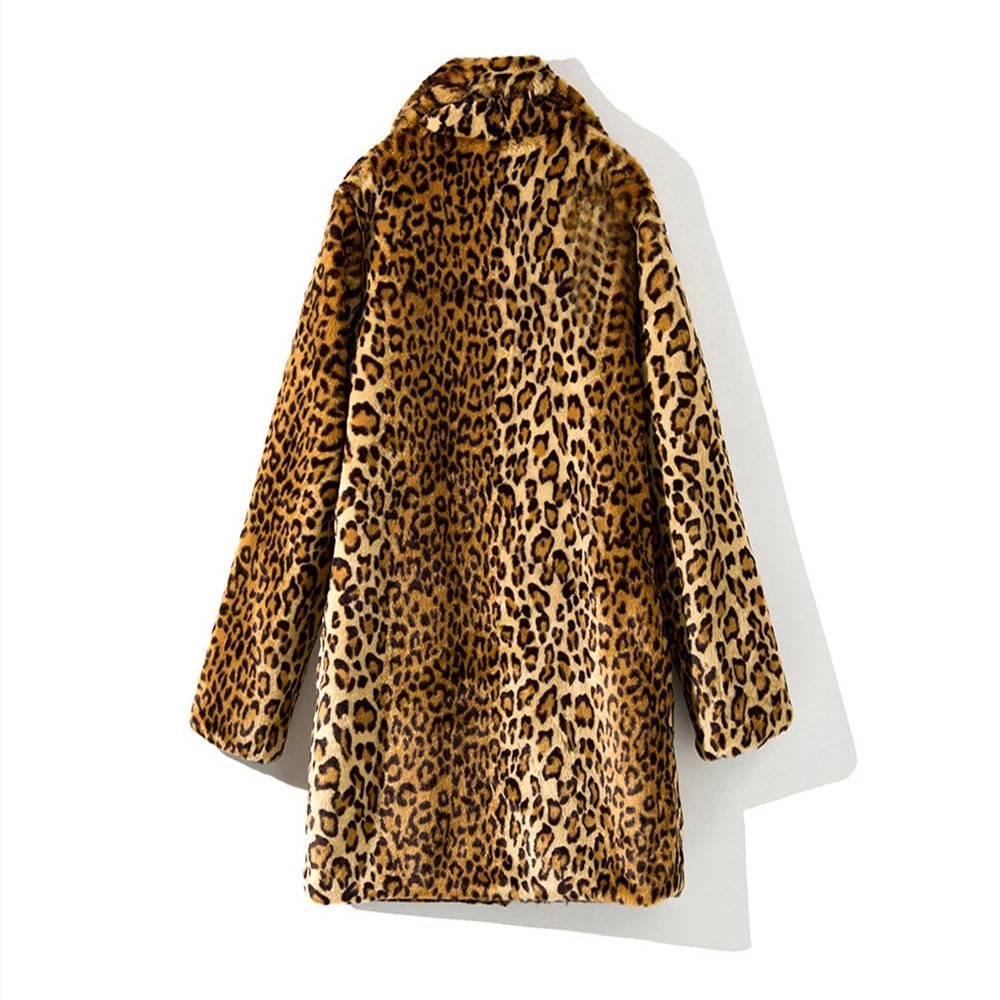 S-4XL Winter Warm Open Stitch Loose Turn-down Neck Plush Coat Women Faux Fur Leopard Cardigan Ladies Thick Long Coat