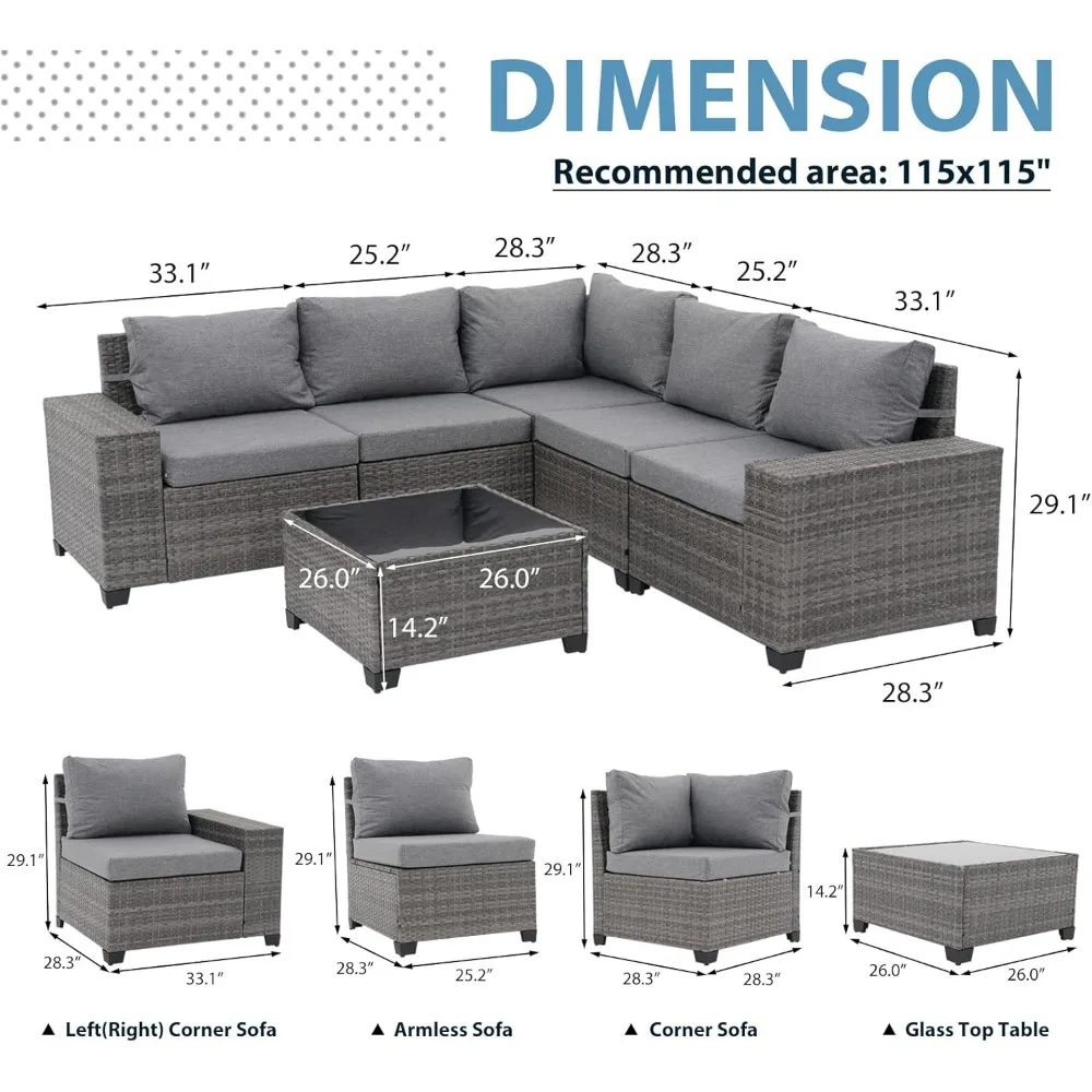 Rattan Patio Sectional Sofa Conversation Set with Coffee Table, PE Wicker L-Shaped Sofa Set for Garden, Garden Sofas 2