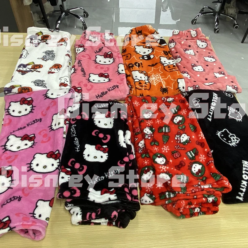 

Sanrio Halloween Xmas Cartoon Hello Kitty Flannel Pajamas Women Kawaii Autumn Winter Plus Velvet Warm Casual Home Graffiti Pants