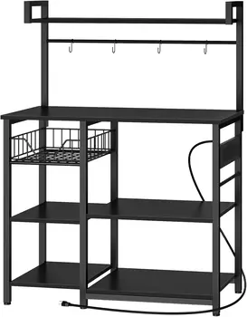 HOOBRO Kitchen Bakers Rack with Power Outlet, Coffee Bar, Microwave Oven Stand with Mesh Basket, Coffee Station