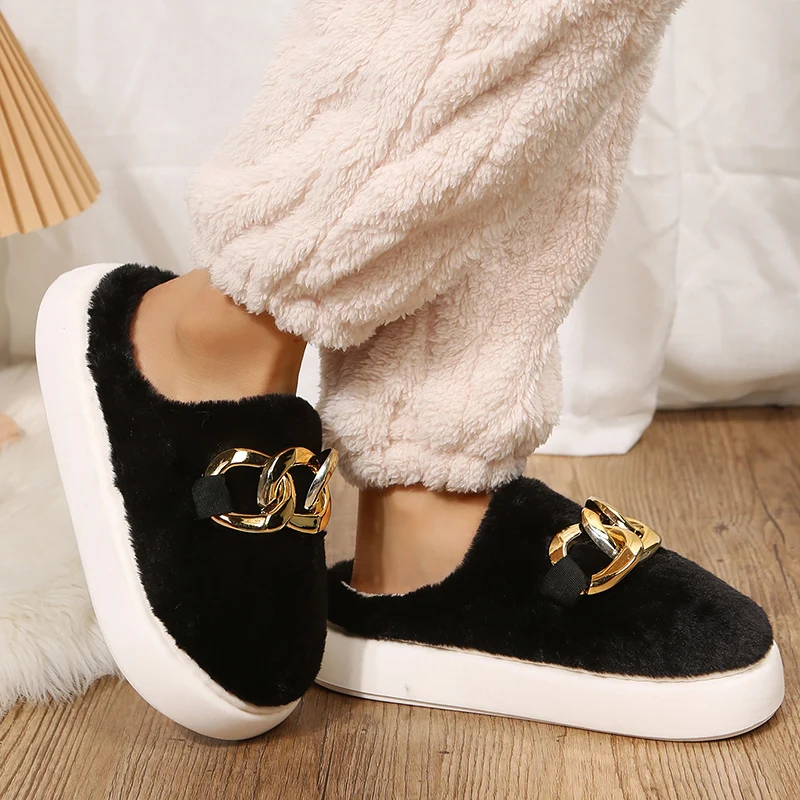 

Ladies Designer Metal Shoes Woman Slipper Woman Fluffy Slippers For Home Cosy Slip Ons Winter Platform Warm Plush Slippers