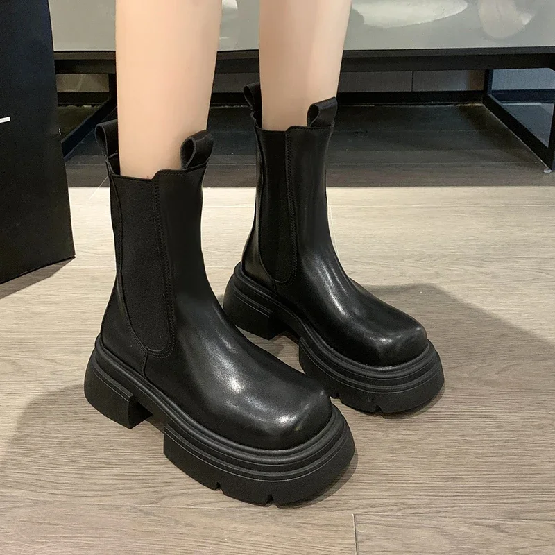 

Новинка 2023, женская обувь, зимние женские ботинки, ботильоны на платформе, Женская однотонная эластичная обувь без застежки, с круглым носком, на квадратном каблуке