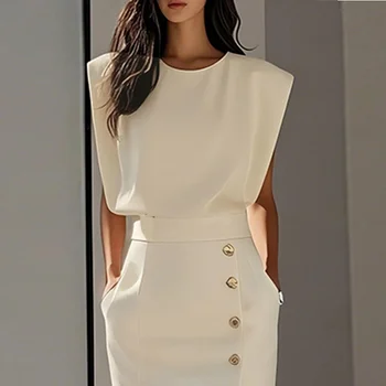 Krisstarsgirls Donna Urban Losse T-shirt Top 2025 Estate Tinta unita senza maniche Girocollo Donna Top semplici Office Lady 1