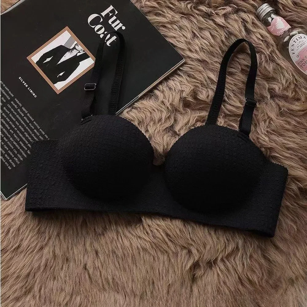 Women Strapless Push Up Bra Small Breasts Appear Bigger No Steel Ring Soft Round Cup with Straps One-piece Seamless Bras