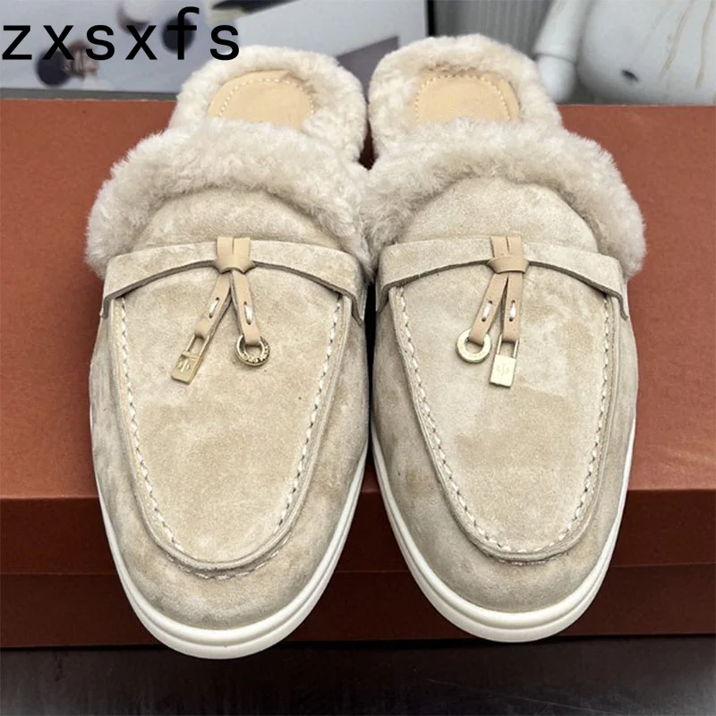 

Quality Suede Leather Fur Half Slippers Women Leather Fringe Decor Slides Slip On Loafers Summer Walk Flat Casual Fur Slippers