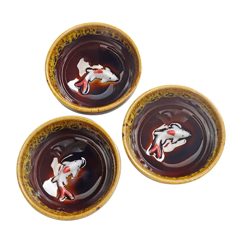 Celadon Fish Cute Teacup, Chinese Kungfu Tea Cup, Home Office, 3Pcs Set
