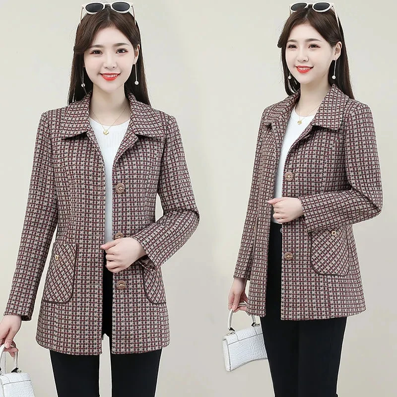 Plaid Woolen Jacket Women's 2022 New Spring Autumn Jacket Mom Single Breasted Long Sleeve Pocket Casual Outwear Mother Clothes