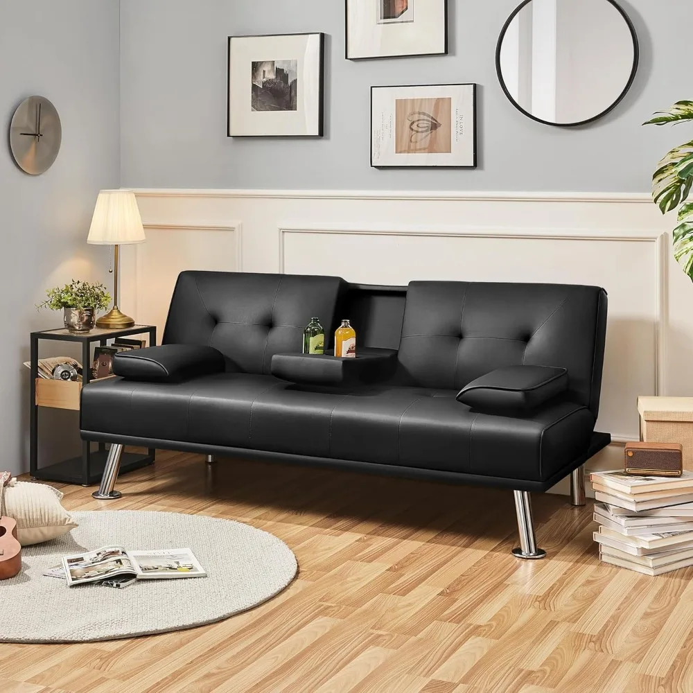 Modern Sofa Bed Faux Leather Sofa Convertible Folding Futon Couch with Armrest Home Recliner Home Furniture for Living Room