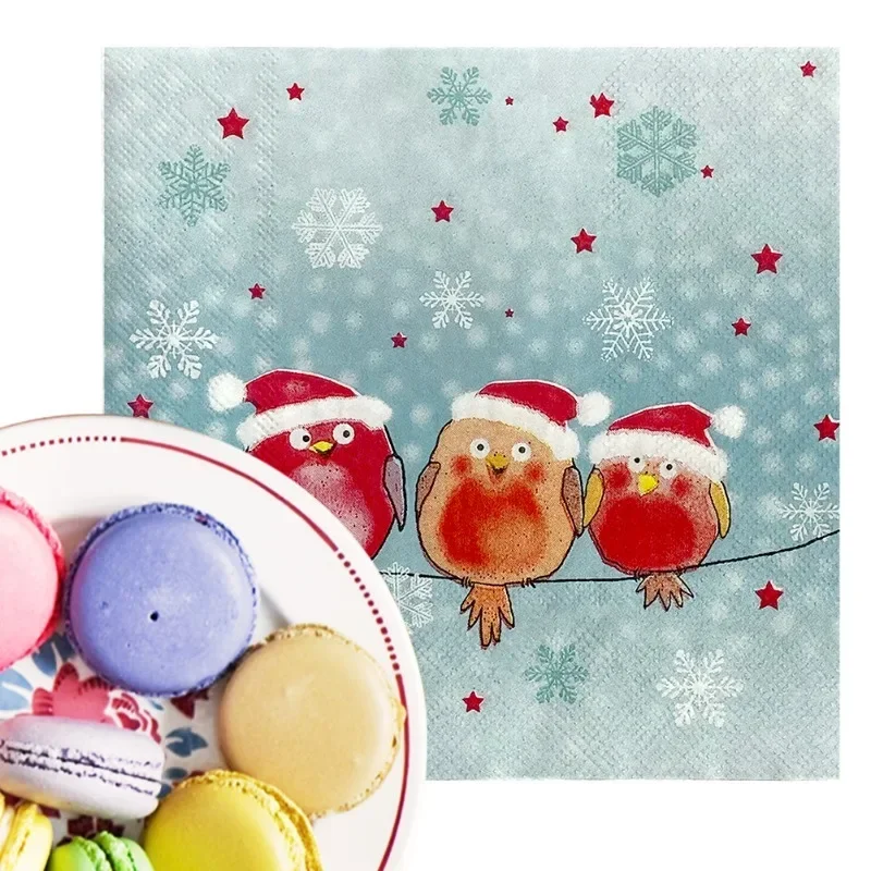 20pcs/Pac Christmas Three Little Birds Printed Napkins Handkerchiefs Birthday Party Tissue Paper For Restaurant Decorations paper napkins tissue paper decoration