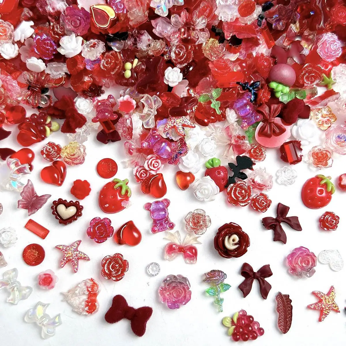 3D 수지 멀티 스타일 레드 딸기 스타 혼합 네일 매력 와인 보우 그라디언트 꽃 네일 아트 장식 용품 DIY 공예품