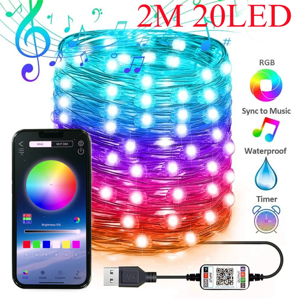 thumbnail image 1 of Guirnalda de luces LED de cobre con Bluetooth y USB, control por aplicación, 5 m, 10 m, 20 m y 30 m, para decoración de árbol de Navidad y Año Nuevo, 1 of 5