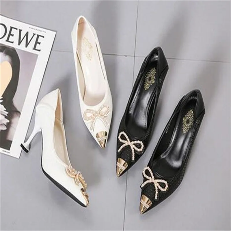 White Shoes Striped Plaid Pointed Toe Stiletto Bow Fashion Pure Desire Nightclub Professional Wear Rhinestone High-heeled 5-7cm